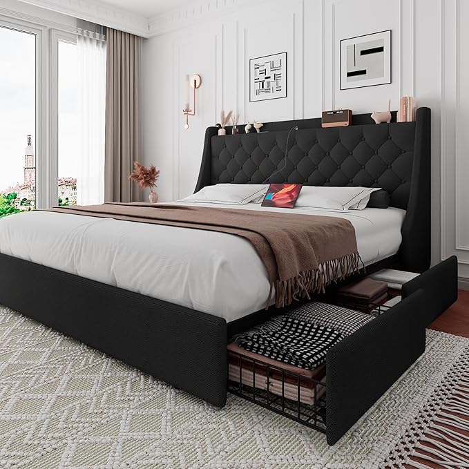 iPormis Full Size Bed Frame with 4 Storage Drawers, Upholstered Platform Bed Frame with Type-C & USB Ports, Wingback Storage Headboard, Solid Wood Slats, No Box Spring Needed, Black