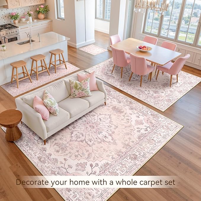 Area Rugs 9'x12' Washable Non-Slip, Floral Vintage Distress Print Pattern Medallion Carpet for Living Room Bedroom Dining Room, Pink Greypink Cute