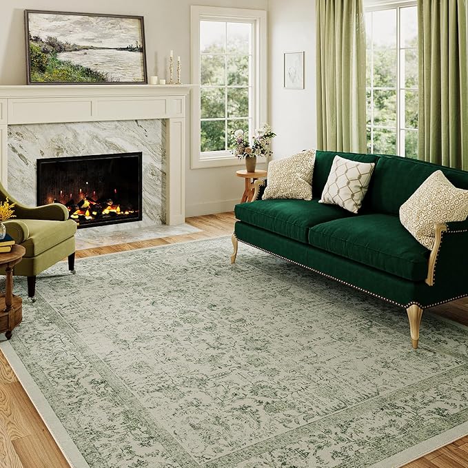 Sage Green Area Rug 3x5 Washable Office Entryway Carpet Vintage Distressed Non Slip Kitchen Indoor Entry Neutral Low Pile Retro Floral Farmhouse Throw Mat for Laundry Dining Room Bedroom