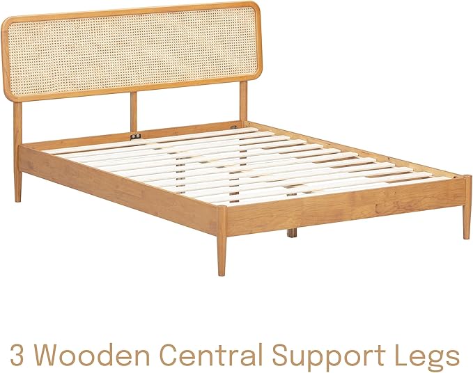NTC Lupin Wooden Bed Frame with Headboard and Natural Rattan, Solid Oak/Rubber Wood Foundation with Silent Slats, 1000 Lb Capacity, Effortless Assembly (Natural Cane - Rustic Oak, Queen)
