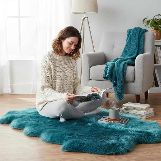 Beach Blue Genuine Sheepskin Rug 4x6 ft, Real Fluffy Quad Pelt Fur Area Rug for Living Room, Bedroom, & Nursery, Shaggy Boho, Modern, or Farmhouse Decor