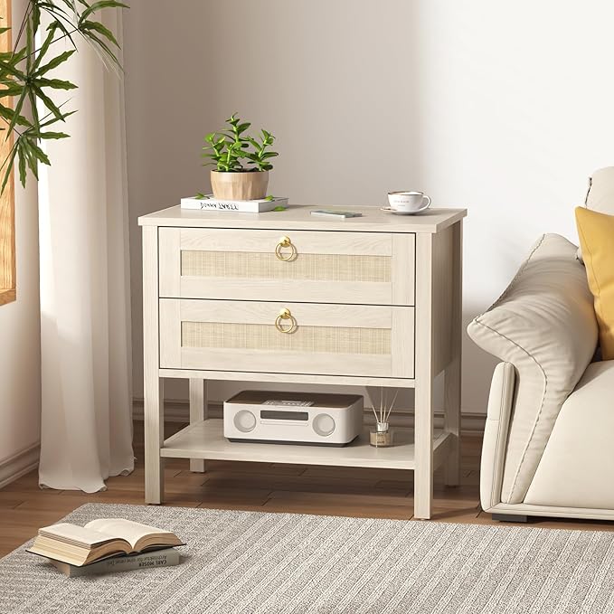 CMFYDAILY Wooden Nightstand Set of 2, Boho Side Tables with 2 Woven Rattan Drawers and Storage Shelf, Bedside Tables for Bedroom, or Home Office