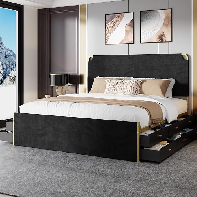 King Size Bed Frame with 12 Storage Drawers and Headboard, Metal Platform Bedframe, No Box Spring Needed, Stable and Solid, Noise Free. (Black+Velvet, King)