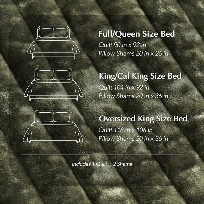 EVERGRACE Velvet Quilt Set California King 118'' x 106'', Luxurious Soft Striped Channel Bedding Set, Lightweight Velvet Comforter for All Season, Oversized Bedspread Coverlet w/ 2 Shams, Olive Green