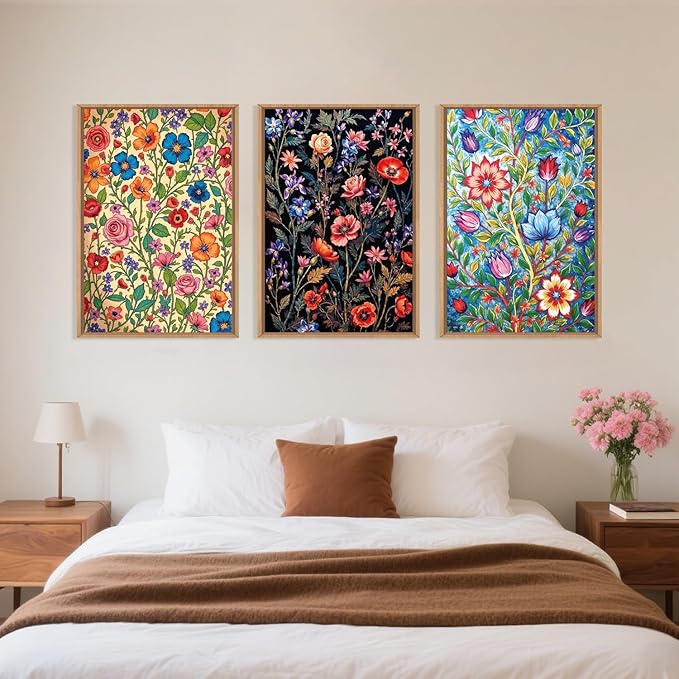 LHIUEM Large Vintage Botanical Flower Framed Canvas Wall Art,Abstract Colorful Wildflower Wall Decor,Rustic Bouquet Wall Painting,Poster Artwork for Living Room,Bedroom,Dining Room,Office -24"x36"x3