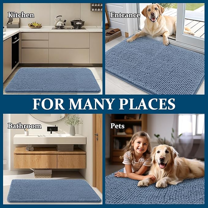 OLANLY Dog Door Mat for Muddy Paws 59x32, Absorbs Moisture and Dirt, Absorbent Non-Slip Washable Doormat, Quick Dry Chenille Mud Mat for Dogs, Entry Indoor Entryway Carpet for Inside Floor, Airy Blue