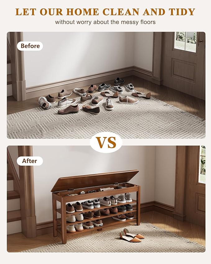 Shoe Rack Bench Seat Rubberwood 3-Tier Wooden Storage Bench 550lbs Compact Mid-Century Modern Design for Entryway, Hallway, Closet, Front Door Entrance, Foyer
