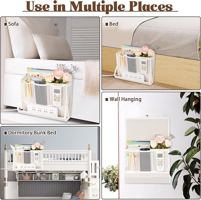 Bedside Caddy Bedside Storage Organizer Bedside Organizer with Power Strip Holder and 2 Adjustable Straps for Home Bunk Bed College Dorm Sofa (2 Pack White)