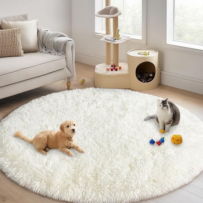 Round White Rug for Bedroom, 4 ft Circle Area Rugs for Living Room, Soft Fluffy Shag Carpet for Teen Girls Boys Nursery Room Dorm Home Decor Aesthetic
