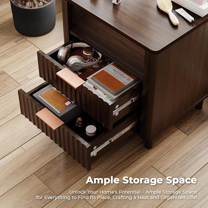 Fluted Nightstand Set of 2, 2 Drawers Storage Bedside Table with Charging Station, Wood Modern Nightstand with Open Shelf, Curved Profile Design, End Table for Indoor Room Bedroom, Walnut