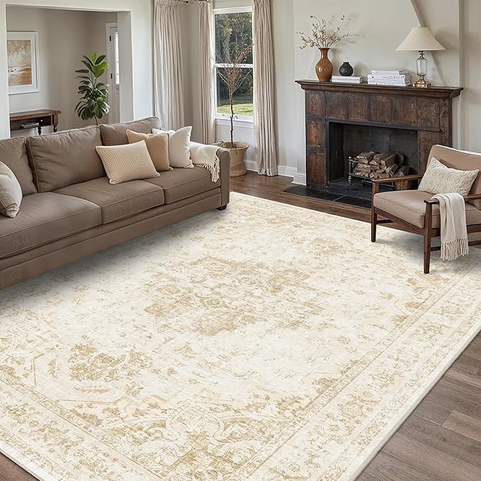 9x12 Vintage Washable Area Rugs Boho Medallion Large Distressed Retro Accent Carpet Floral Non-Slip Soft Low Pile Indoor Throw Rug for Living Room Bedroom Dining Room Office Kitchen, Beige