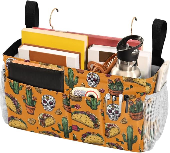 Bedside Caddy Hanging Bunk Bed Caddy Bed Organizer Hanging Pocket with 2 Hooks Bedside Storage Organizer Pocket Bag Holder Orange Mexico Tacos Chilis Skulls