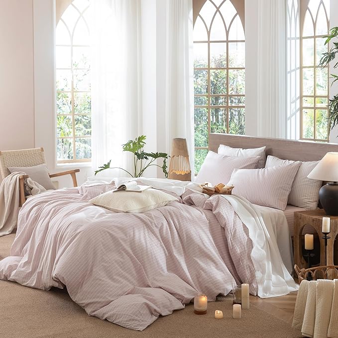 MooMee Striped Duvet Cover Set 100% Washed Cotton Linen Like Textured Breathable Durable Soft Comfy (Heathered Greyish Pink White Wide Stripes, Cal King 104"x98")