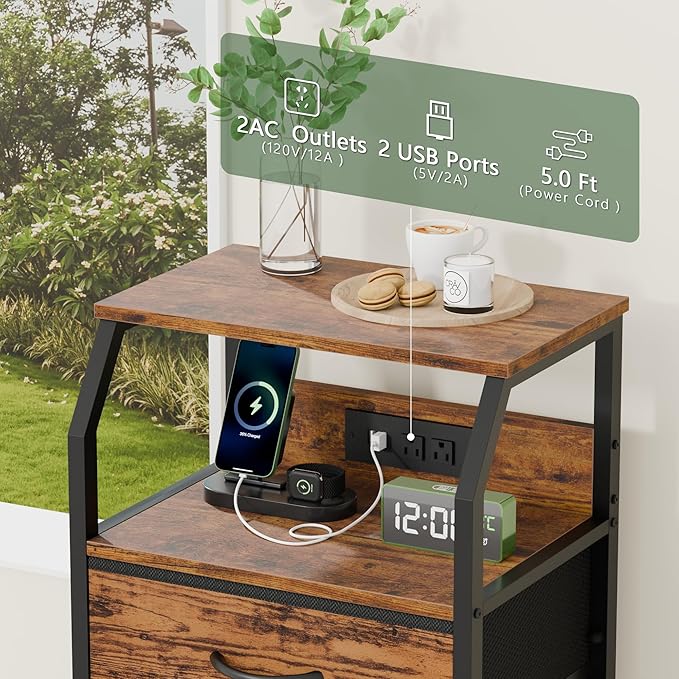 Furnulem Night Stand with Charging Station, Small Dresser with 4 Fabric Drawers, 33.3 Inch Tall Bedside Table, Storage Tower for Closet, Entryway, Bedroom Furniture, 3 Ways to Use, Rustic Brown