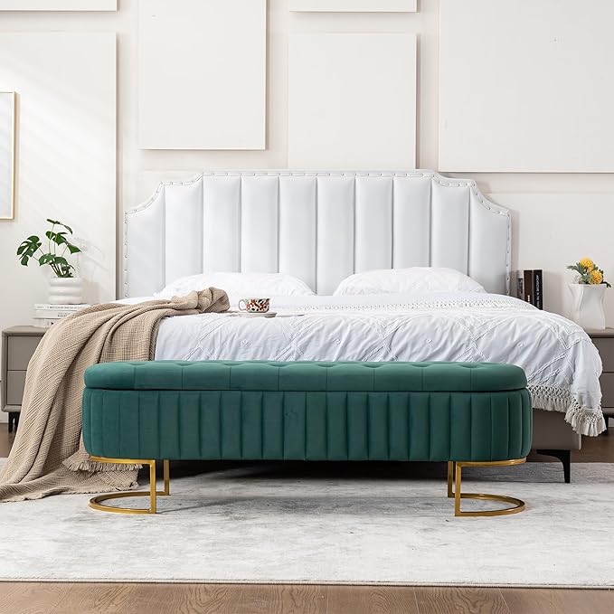 Velvet Storage Bench for Bedroom, Modern Tufted End of Bed Bench for King Size Bed, Upholstered Long Ottoman Bench with Gold Legs for Living Room/Entryway (Green, 55" W)