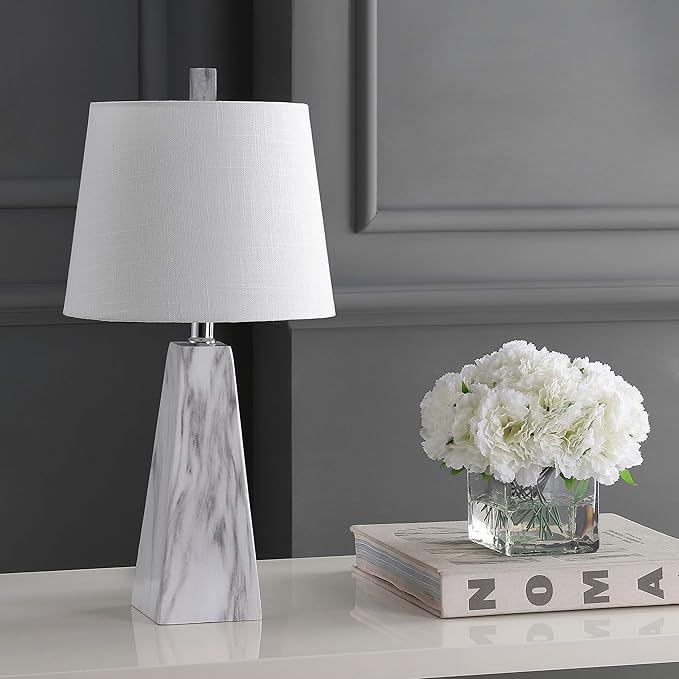 JONATHAN Y JYL1037A 20.5" Modern White Marble Table Lamp, Contemporary Geometric Resin Bedside Nightstand Lamp for Living Room, Bedroom, Office, End Table with White Linen Shade (LED Bulb Included)