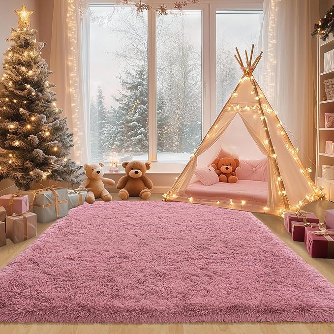 Fluffy Blush Pink Area Rug for Bedroom, 5x7 Soft Fuzzy Shag Rug for Living Room, Thick Comfy Throw Plush Rug for Girls Kids Room, Non-Slip Modern Indoor Shaggy Floor Carpet for Nursery Dorm Home Decor