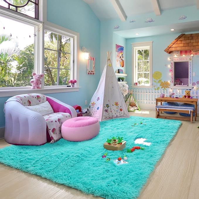PAGISOFE Soft Fluffy Teal Area Rugs for Bedroom Kids Room Living Room Rug Shag Furry Carpet for Boys Girls Room Modern Plush Decorative Nursery Rugs Solid Accent Floor Rugs Dorm 4' x 6', Blue