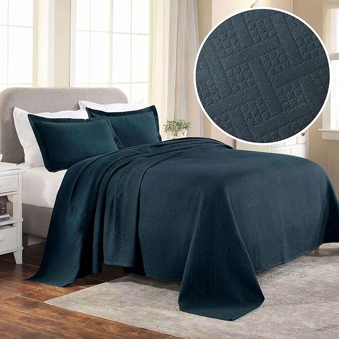 Superior 2 Piece Basketweave Cotton Bedspread Set, Home Bed Decor, Decorative Bed Spread, 1 Pillow Sham, Medium Weight Blanket, Matelasse Coverlet Bedding, Geometric Lattice Pattern, Twin, Deep Sea