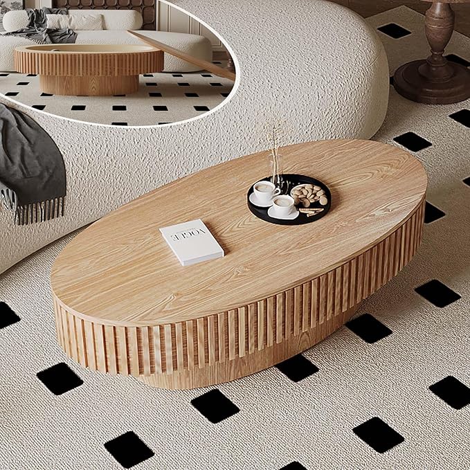 Oval Coffee Table with Storage, Modern Wooden Coffee Table with Solid Wood Veneered, Fluted Center Table Drum Tea Table for Living Room Apartment, 47.2''L×23.6''W×14.2''H