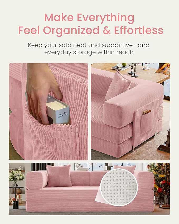 78.8" Convertible Futon Sofa Bed,Corduroy Futon Couch with Storage Pocket,Folding Pull Out Sofa,No Assembly Boneless Couch for Living Room | Pink