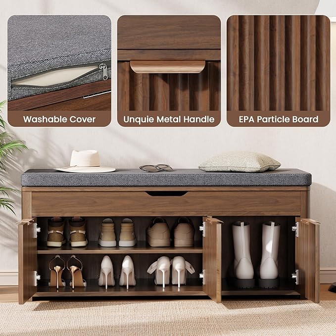 Shoe Bench with Storage - Lift Top Entryway Bench with Hidden Storage, Shoe Rack with Adjustable Shelves and Cushioned Seat, Wooden End of Bed Bench for Bedroom, Living Room and Hallway,Walnut
