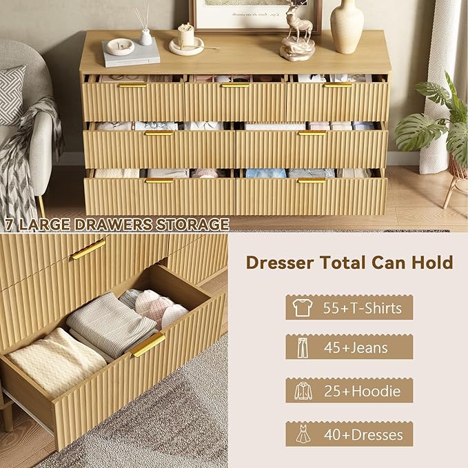 CARPETNAL Fluted 7 Drawer Dresser for Bedroom, 55" Wide Wooden Chest of Drawers with Rounded Corners, Gold Handles, Modern Storage Organizer for Bedroom, Hallway(Oak)