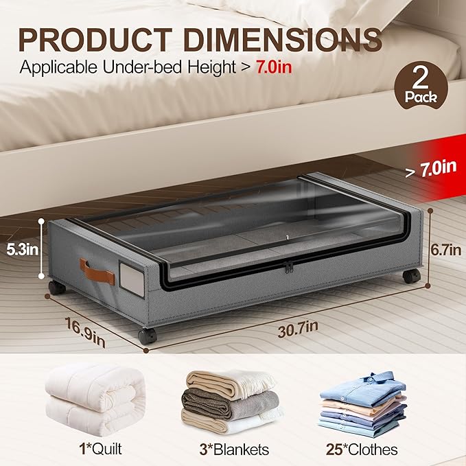 LAMU Under Bed Storage with Wheels, 2 Pack Under Bed Storage Containers with Clear Lid, XXL 60L Underbed Storage Bins, Rolling Under Bed Metal Drawers for Clothes, Blankets, Shoes, Grey