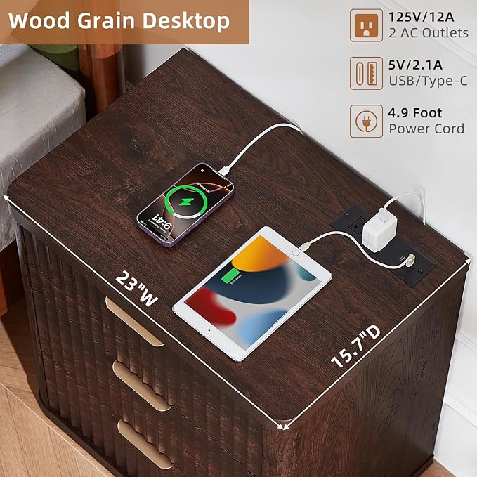 LEYAOYAO Fluted Nightstand with Charging Station, 23" Wide 3 Drawers Night Stand,Walnut End Table with Open Storage,Farmhouse Bed Side Tables, Wood Dresser for Bedroom, Living Room, Closet