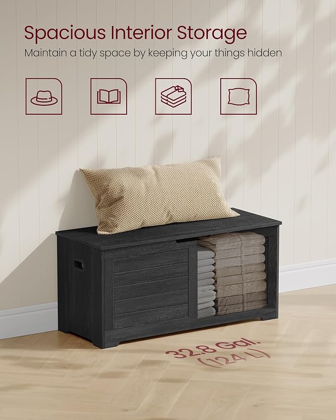 VASAGLE Storage Chest, Storage Bench with 2 Safety Hinges, Farmhouse Style, 15.7 x 39.4 x 18.1 Inches, for Entryway, Bedroom, Living Room, Charcoal Gray ULSB061B01