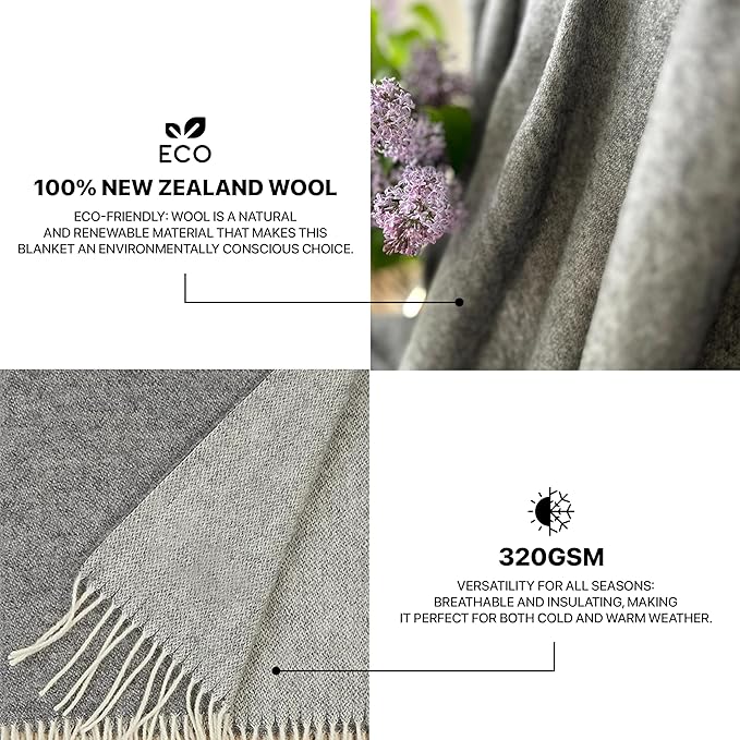 New Zealand Virgin Wool Throw Blanket, Indoor & Outdoor, Soft Blanket with Fringes, 55 x 79 in (140 x 200 cm)