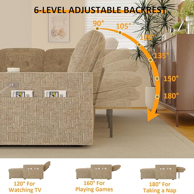 Modular Sectional Sleeper Sofa with Pull Out Bed, L Shaped 5 Seat Sectional Couches for Living Room, 84 Inch Sofa Bed with Adjustable Backrest | Hidden Storage | Wide Armrest | Khaki