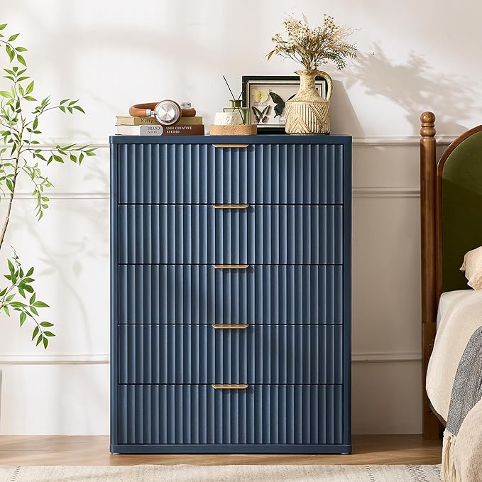 LEYAOYAO Fluted 5 Drawers Dresser Set of 2, 41" Tall Modern Chest of Drawers with Metal Handle, Curved Profile Dresser TV Stand, Wooden Drawer Organizer for Bedroom, Living Room, Hallway, Lightgrey