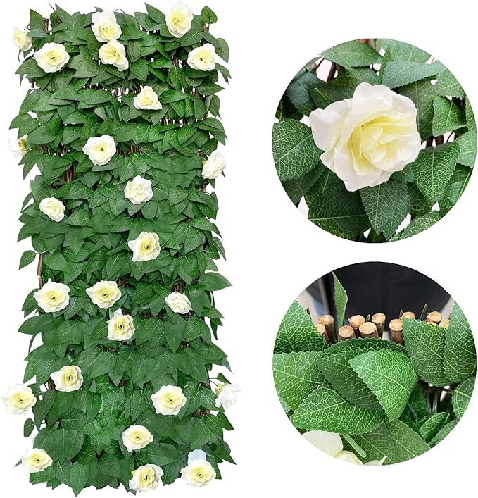 GLANT Expandable Fence Privacy Screen for Balcony Patio Outdoor,Decorative Faux Ivy Fencing Panel,Artificial Hedges (Single Sided Leaves) (1, White Rose)