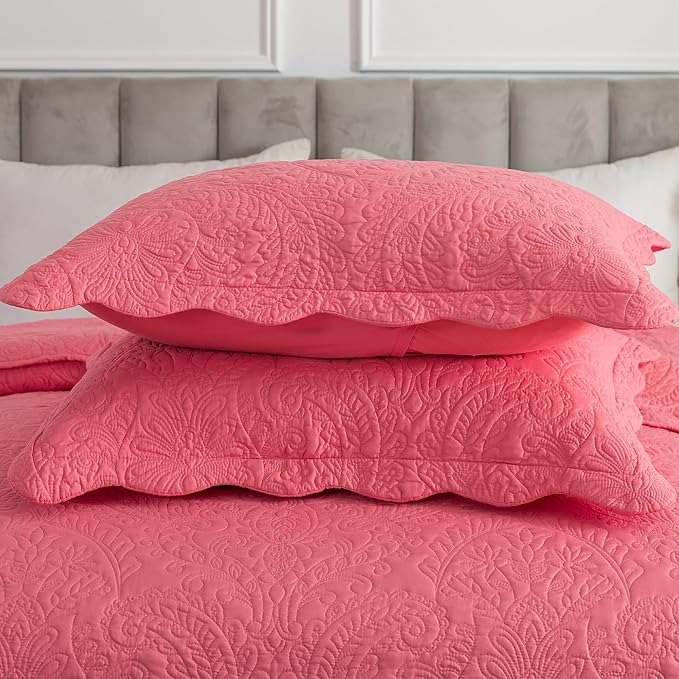 HoneiLife Quilt Sets King Size - Microfiber Bedspreads for King Bed, 3-Piece Lightweight Coverlets, Retro Bedlinen Sets, King Quilt Bedding Set All Season Use-Sugar Coral