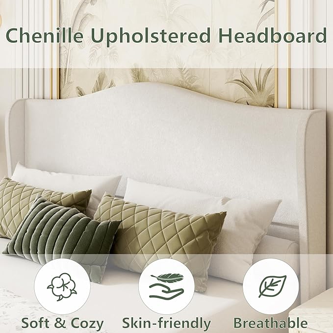 Queen Size Upholstered Platform Bed Frame, 51" Tall Chenille Fabric Headboard with Classic Curved Wingback Design, Vintage Solid Wood Legs, Easy Assembly & Noise-Free, Box Spring Option, Beige