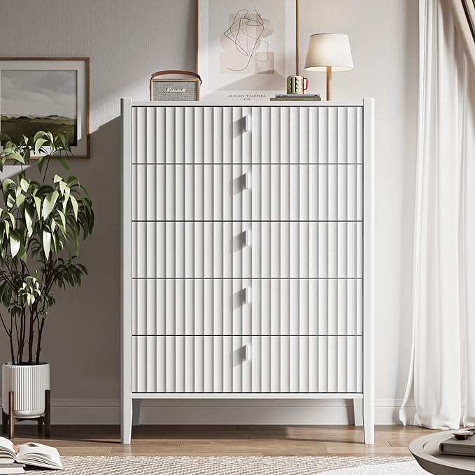 5 Drawer Dresser, Modern Chest of Drawers for Bedroom, Wood Fluted Dresser Organizer with Deep Drawers for Clothes, Nightstand for Bedroom, Hallway, Living Room, Entryway, White