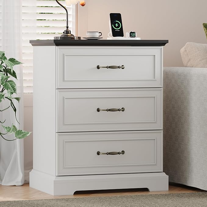 Farmhouse 3 Drawers Dresser for Bedroom, 24" Wide Modern Chest of Drawers with Deep Drawers & Bar Handles, Rustic Wood Nightstand, Wooden Closet Storage Organizer for Living Room, Hallway, White