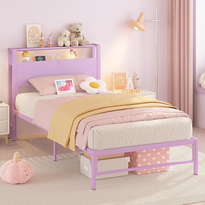Twin Bed Frames with Charging Station, 2 Tiers Storage Headboard Twin Sized Bed No Box Spring Needed Heavy Duty Metal Platform for Girls, Purple