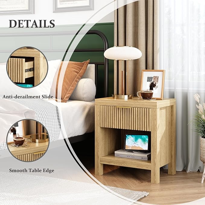 Nightstand Set of 2, End Table with 2 Drawers, Modern Bed Side Table with Storage, Farmhouse Fluted Cabinet Bedside Cabinet for Bedroom Living Room Sofa Couch Office Natural Oak
