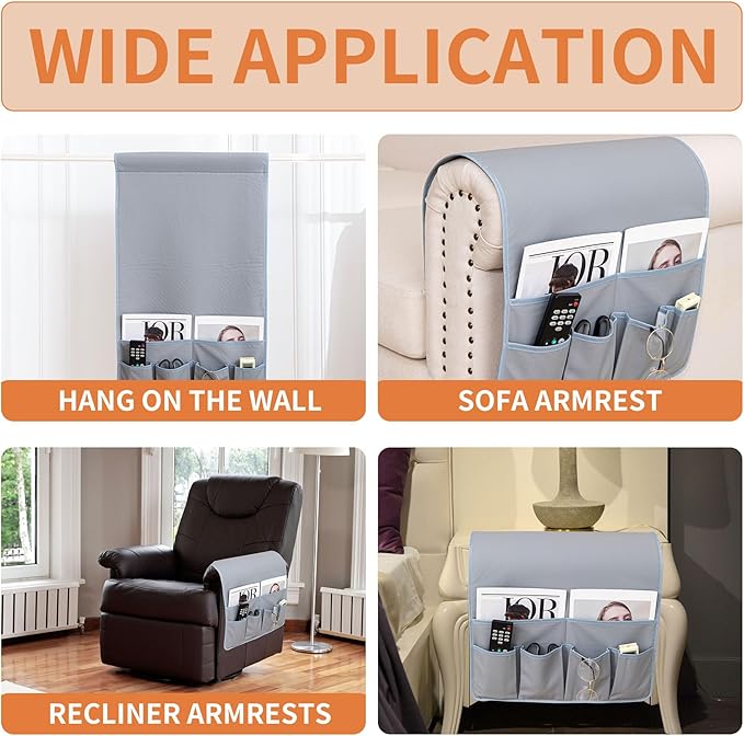 HAOMAIJIA Anti Slip Sofa Armrest Organizer Arm Chair Bedside Caddy Storage Organizer For Recliner Couch With 6 Pockets For Cell Phone Tv Remote Control (Light Gray, 31.89 inches × 18.5 inches)
