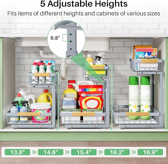 Kitstorack Under Sink Organizer, 2 Packs 2 Tier Under Sink Organizers and Storage, Slide out Pull out Cabinet Organizer Shelf, Metal Sliding Drawer for Kitchen Bathroom Pantry Closet Rack(Grey)