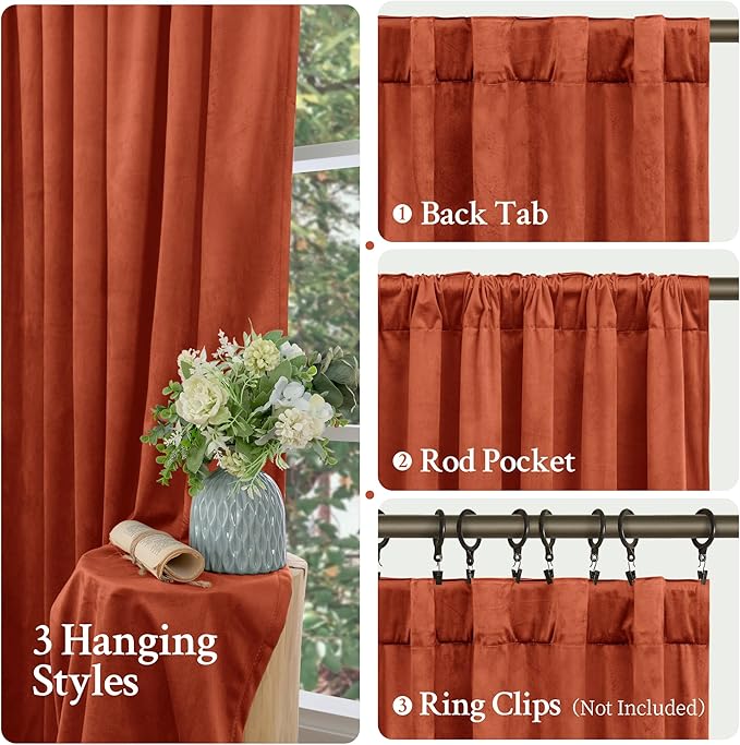 LAMIT Terracotta Velvet Curtains 108 Inch, Thermal Insulated Room Darkening Drapes for Living Room Bedroom Rustic Vintage Noise Reducing Panels with Back Tab and Rod Pocket, 2 Panels, 52 x 108 Inch