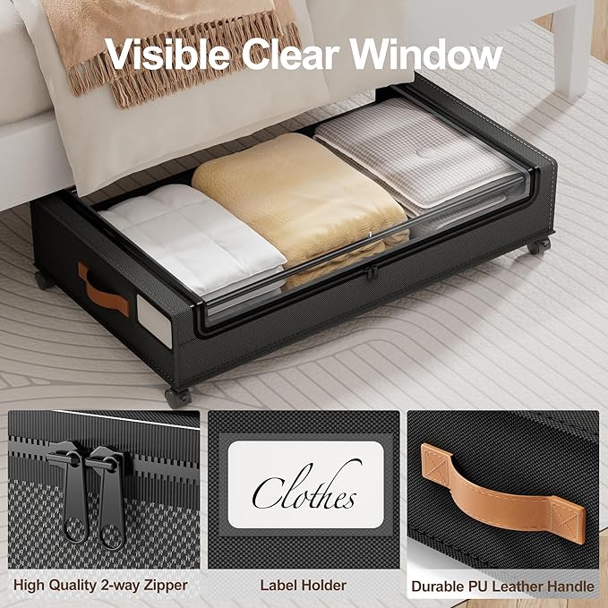 LAMU Under Bed Storage with Wheels, 2 Pack Under Bed Storage Containers with Clear Lid, XXL 60L Underbed Storage Bins, Rolling Under Bed Metal Drawers for Clothes, Blankets, Shoes, Black