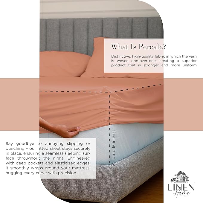 Linen Home 100% Cotton Percale Sheets California King Size, Tera Clay, Deep Pocket, 4 Pieces Set - 1 Flat, 1 Deep Pocket Fitted Sheet and 2 Pillowcases, Crisp Cool and Strong Bed Linen