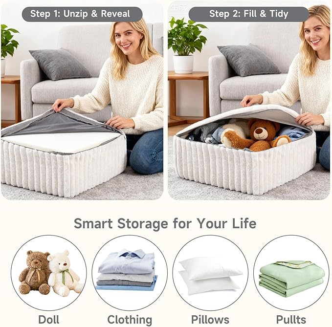 Tiita Suqre Stuffed Pouf Ottoman, Stripe Poufs 21×21×10 inch with Foam Chunk Filling, Floor Bean Bag Floor Chair Storage for Living Room Bedroom Home Decor, Beige