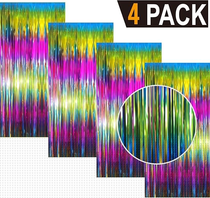 GOER 3.2 ft x 8.2 ft Metallic Tinsel Foil Fringe Curtains Party Photo Backdrop Party Streamers for Birthday,Graduation,New Year Eve Decorations Wedding Decor(4 Packs,Macaroon Rainbow)