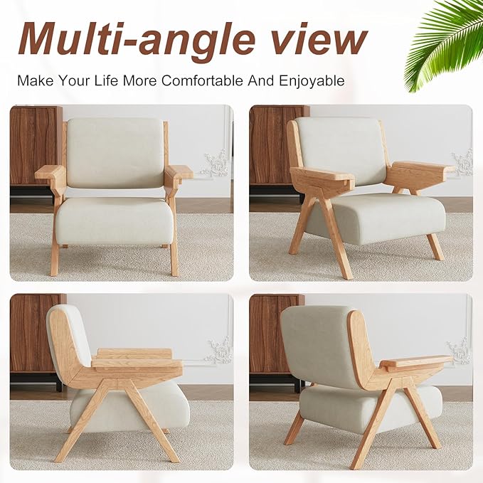 Accent Chair Set of 2, Mid Century Modern Chair, Velvet Upholstered Lounge Arm Chair with Solid Wood, Cozy Seating for Living Room, Bedroom, Balcony (White)