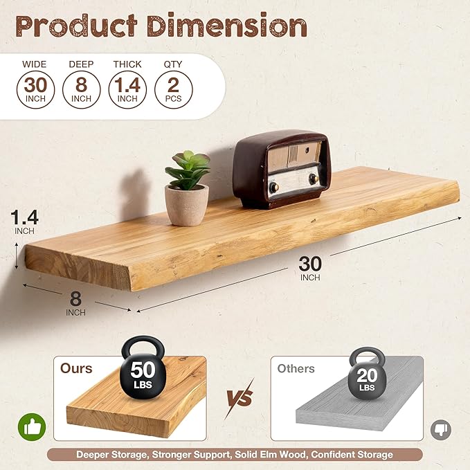 fuqing Live Edge Floating Shelves for Wall 30 inch, 8 Inch Deep Solid Elm Wood Floating Wall Shelves - Rustic Wooden Shelves with Invisible Brackets for Living Room Bedroom Kitchen, 2 Pack, Natural