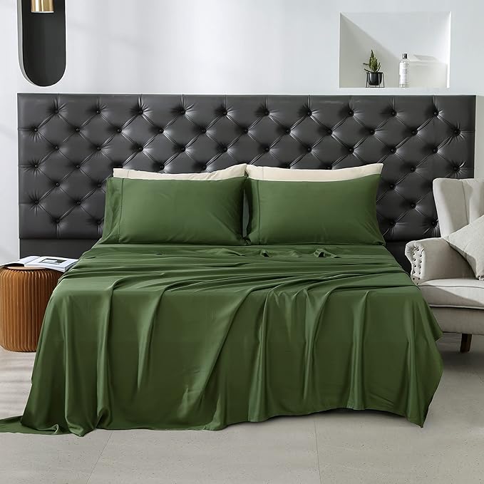 400TC Queen Sheets, Rayon Derived from Bamboo, Cooling Bed Sheets Set,Deep Pocket Up to 16", 4 Pieces Silky Soft, Breathable Bedding Sheets & Pillowcases,Juniper Green